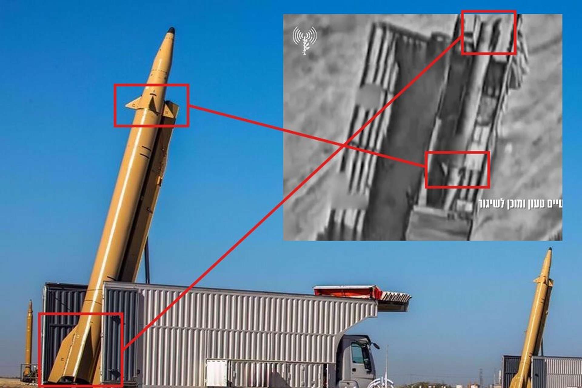 Israel appears to have destroyed an Iranian Kheibar Shekan medium-range ballistic missile launcher before launch, eliminating a mobile, fast-reaction strike asset poised to target Israeli territory (Picture source: IDF / Iranian Media)