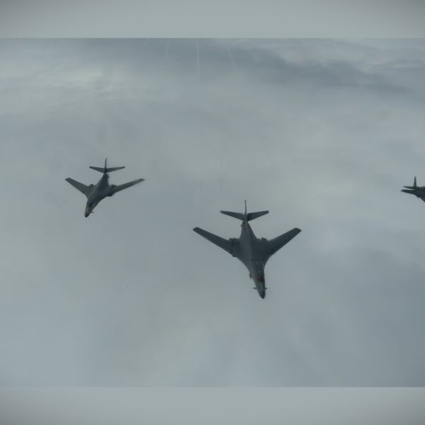 A U.S. Air Force formation of B-1B Lancer bombers, F-15E Strike Eagles, and F-35A Lightning II fighters over the North Sea during Astral Knight 26 showcased how bomber, fighter, tanker, and command-and-control assets are integrated into a single combat-ready airpower network for NATO defense operations (Picture Source: U.S. Air Force)
