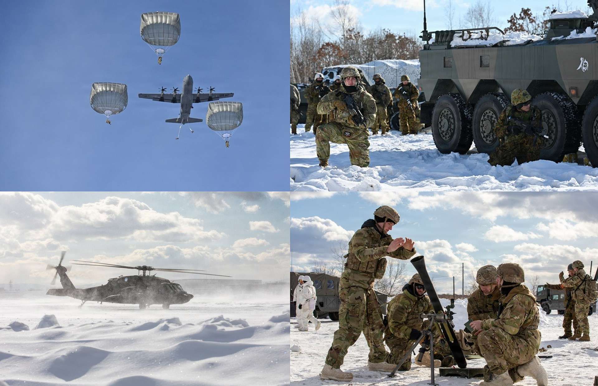 U.S. Army paratroopers from the 11th Airborne Division and Japan Ground Self-Defense Force soldiers conduct airborne, ski, fire support, and helicopter operations during Exercise North Wind 26 in Hokkaido, demonstrating allied readiness to fight and sustain combat operations in extreme cold, deep snow, and Arctic-like conditions (Picture source: U.S. DoW).