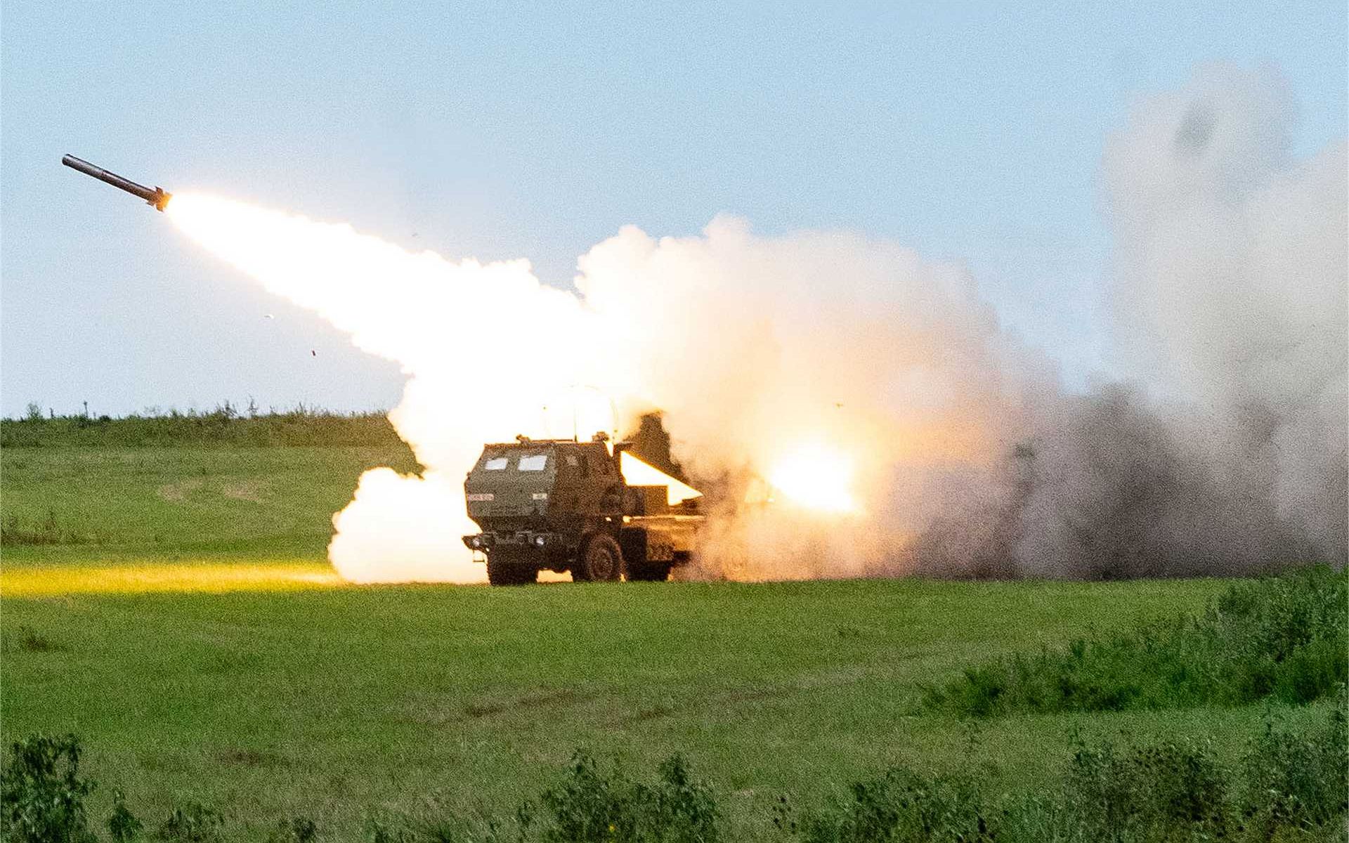 U.S. Army HIMARS launcher executes a precision strike during training, illustrating long-range fire support with GMLRS and future PrSM capability in support of distributed operations in contested environments.