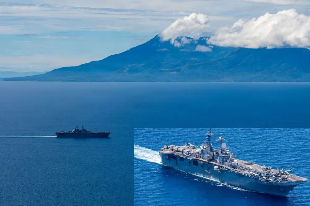 USS Boxer and USS Comstock transit the Surigao Strait with the 11th Marine Expeditionary Unit, reinforcing U.S. amphibious readiness, allied deterrence, and forward presence in the strategically contested Indo-Pacific (Picture source: U.S. DoW).