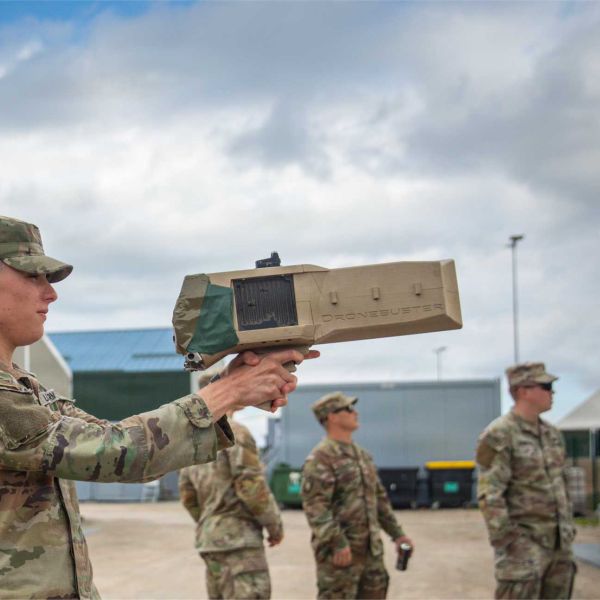 U.S. Army Cpl. Aaron Goolsby, assigned to the 2nd Battalion, 3rd Field Artillery Regiment, 1st Armored Division, operates a Drone Buster counter-unmanned aerial systems device during counter-UAS training at the Pabradė Training Area in Lithuania on May 22, 2026.
