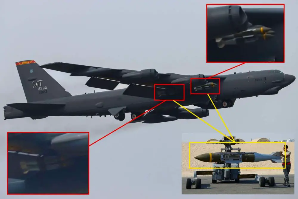 U.S. Air Force B-52H bombers deploying GBU-31 JDAMs from RAF Fairford signal a shift from stand-off missile strikes to direct precision attacks on hardened ground targets (Picture source: Lee Hathaway on X)