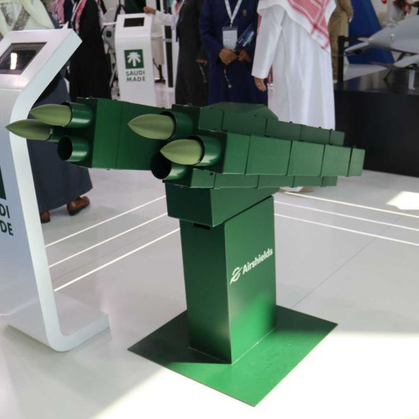 Saudi defense company Airshield displays the BARQ rapid counter-drone interceptor during the World Defense Show 2026 in Riyadh, highlighting Saudi Arabia’s push toward indigenous C-UAS solutions.
