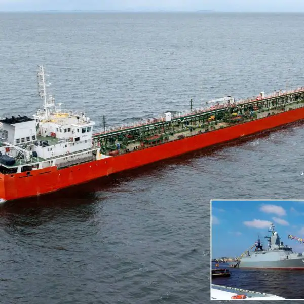 Illustrative image depicting the Russian fleet oiler General Skobolev with an inset showing the Steregushchy-class frigate Boiky. This visual representation highlights the typical configuration of Russian naval groups recently transiting European waters under NATO surveillance.