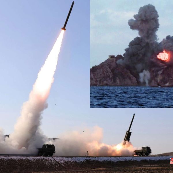 North Korea test-fired an upgraded super-large guided rocket system under Kim Jong Un, striking a sea target at about 358 km and showcasing hardened precision guidance meant to survive jamming, reinforce deterrence, and complicate U.S.-ROK-Japan defense planning with high-volume long-range fires (Picture source: KCNA).