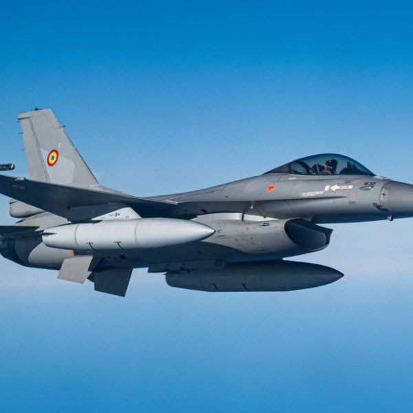 Romanian Air Force F-16 fighter assigned to NATO Baltic Air Policing mission conducts interception sortie over Lithuania during enhanced Allied airspace security operations.