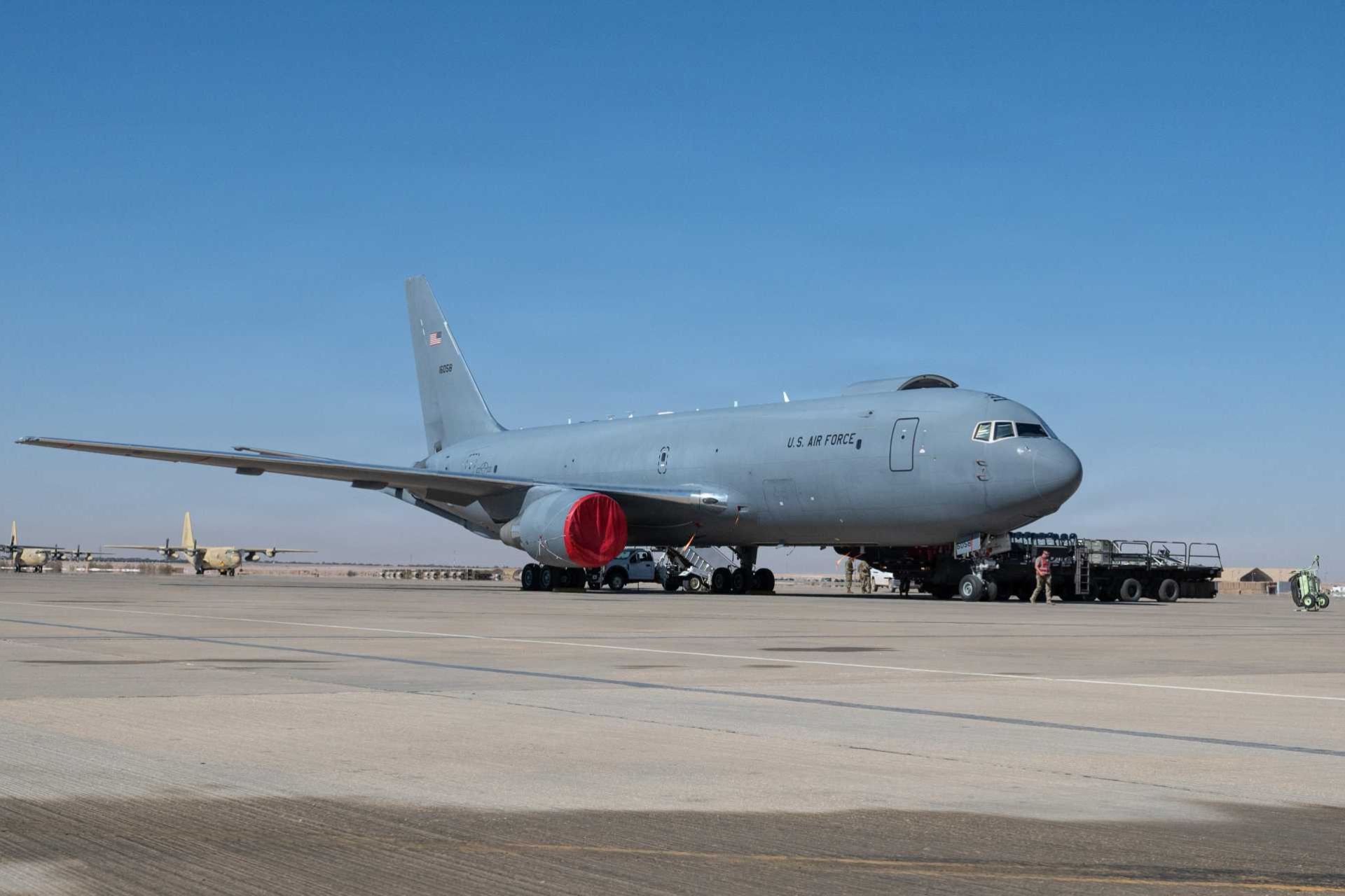 U.S. Air Force Airmen assigned to the 378th Expeditionary Logistics Readiness Squadron unload cargo from a KC-46A Pegasus aerial refueling aircraft operated by the 77th Expeditionary Air Refueling Squadron within the U.S. Central Command area of responsibility.