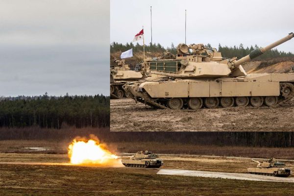 U.S. Army M1A2 Abrams main battle tanks conduct live-fire training in Estonia, showcasing a 120 mm smoothbore cannon, heavy composite armor, advanced fire-control systems, and high mobility powered by a 1,500 hp gas turbine, combining lethal firepower, crew protection, and networked battlefield integration to deliver decisive shock action on NATO’s eastern flank (Picture source: Estonian MoD).