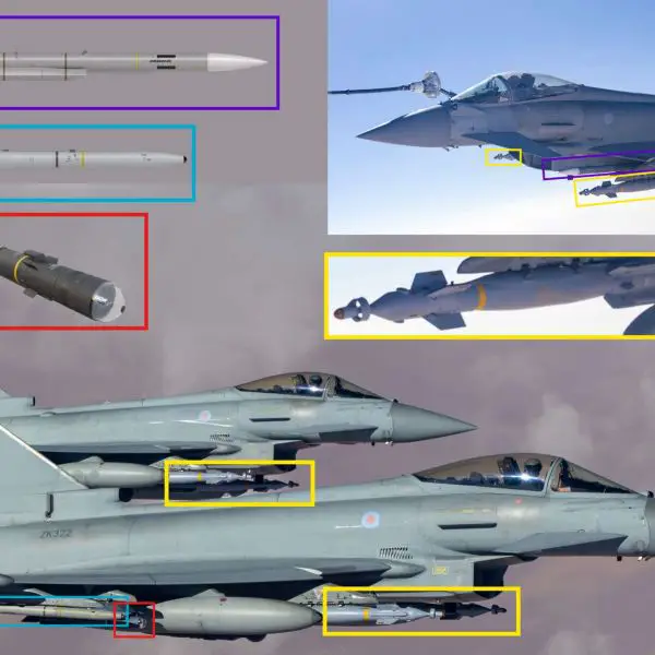 RAF imagery revealed Typhoon FGR4s flying Middle East defensive sorties with a mixed ASRAAM, Meteor, Paveway IV, and Brimstone 2 loadout, signaling a fully armed swing-role posture ready to counter airborne threats while retaining immediate precision-strike capability (Picture Source: MBDA / UK MoD)