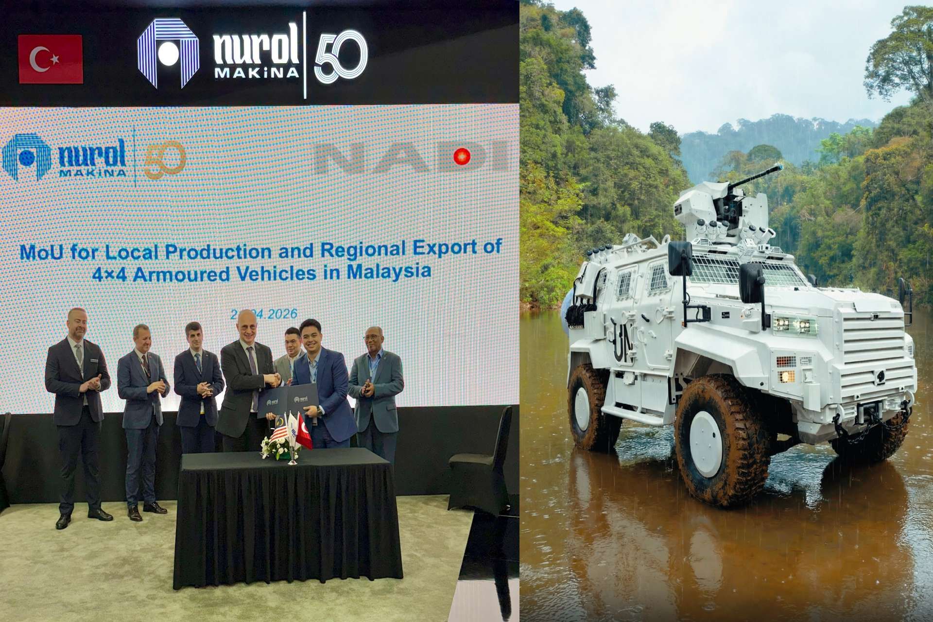 Nurol Makina and Malaysia’s Nadicorp/Badanbas signed an MoU at DSA 2026 in Kuala Lumpur to enable local production of Nurol’s 4x4 armored vehicles, combining protected mobility, modular armament options, and technology transfer to strengthen Malaysia’s defense industry and regional export potential (Picture source: Nurol Makina).