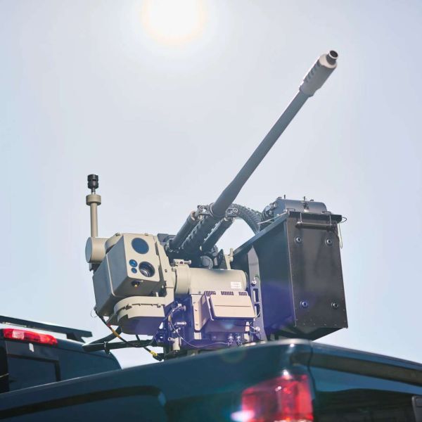Slinger remote weapon station with M230LF 30 mm gun, airburst ammo, radar, and EO sensors provides stabilized, on-the-move hard kill protection against small drones and loitering munitions for mobile and fixed sites (Picture source: EOS).