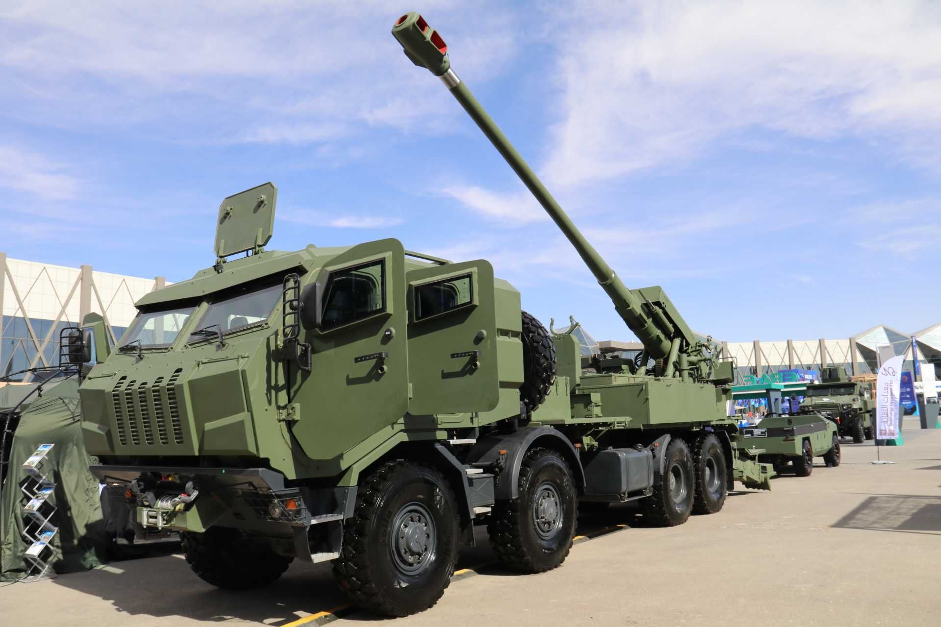 The latest Ukrainian-made 2S22 Bohdana 155 mm self-propelled howitzer displayed at the World Defense Show 2026 in Saudi Arabia, featuring a Tatra 8x8 chassis and a locally produced armored crew cab, representing the most advanced combat-refined configuration of Ukraine’s flagship artillery system.