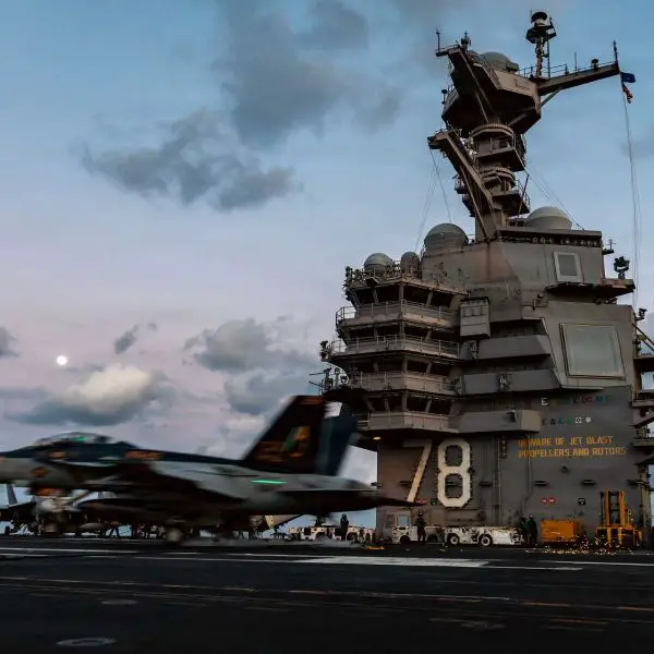 An F/A-18F Super Hornet assigned to Strike Fighter Squadron (VFA) 213 lands on the flight deck of the U.S. Navy’s newest aircraft carrier, USS Gerald R. Ford (CVN-78), during flight operations in the Eastern Mediterranean Sea in support of Operation Epic Fury, March 2, 2026.