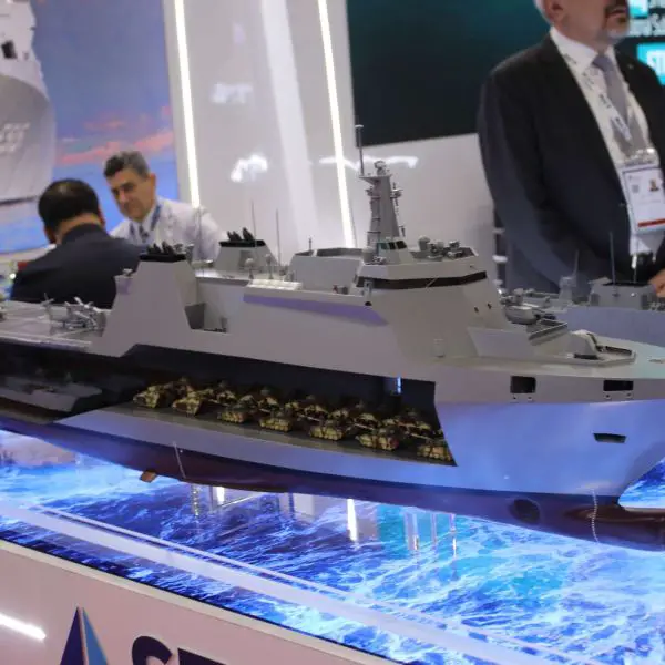 STM’s Multi-Role Support Ship (MRSS) model displayed at DSA in Kuala Lumpur, showcasing a medium amphibious support vessel designed for troop lift, vehicle transport, helicopter operations, and expeditionary logistics (Picture source: Army Recognition Group).
