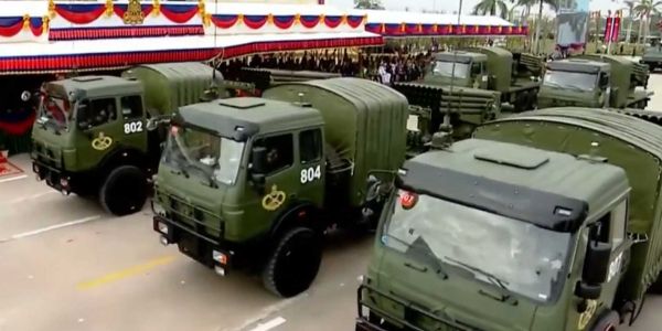 Cambodian Army's Chinese-made Type-90B 122mm multiple rocket launcher on display during a military parade in Phnom Penh, showcasing the platform's 40-tube configuration and high-mobility chassis.