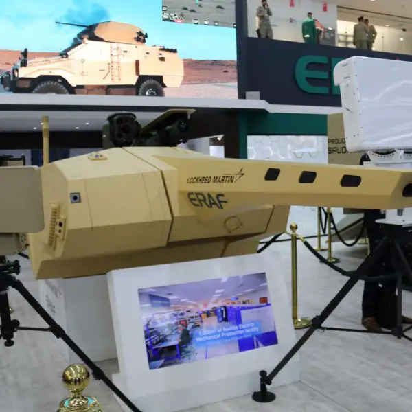 The Lockheed Martin–ERAF unmanned turret concept displayed at the ERAF booth during World Defense Show 2026 in Riyadh, highlighting the modular architecture at the center of the new Saudi-led development program.