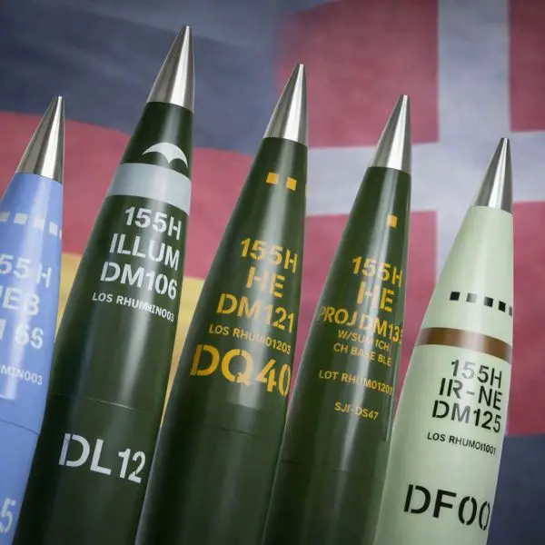 Denmark has signed a seven-year Rheinmetall framework deal to secure 30 mm and 35 mm medium-calibre ammunition, 120 mm tank rounds, and 155 mm artillery munitions, strengthening sustained firepower for Skyranger-based mobile air defense on Piranha 5, CV9035 infantry fighting vehicles, Leopard 2A7 tanks, and ATMOS howitzers (Picture source: Army Recognition Edit).