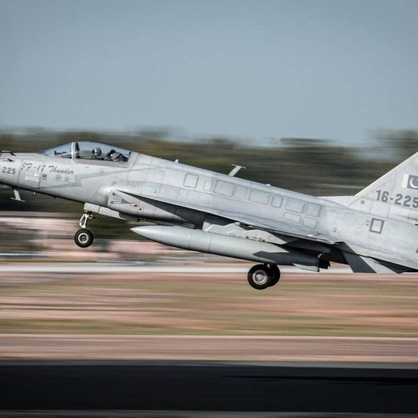 The JF-17 Block 3 incorporates an active electronically scanned array radar, an upgraded electronic warfare suite, a helmet-mounted display and sight system, and compatibility with advanced beyond-visual-range and short-range air-to-air missiles. (Picture source: Pakistan Air Force)