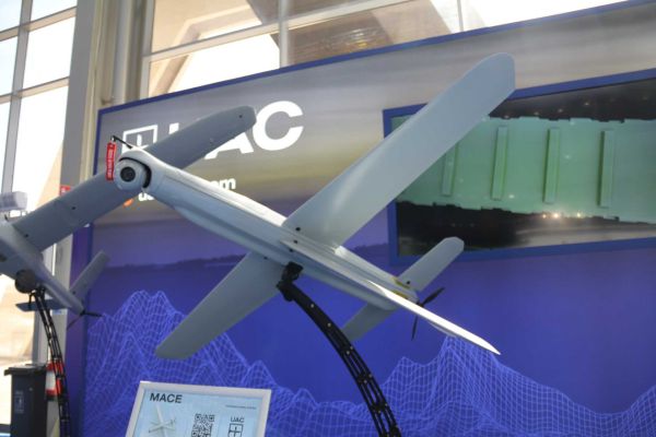 The Czech-made MACE loitering munition developed by U&C is displayed at WDS 2026, highlighting its X-wing airframe, rotating tail stabilizers, and modular strike configuration designed for precision attacks in high-intensity combat environments.