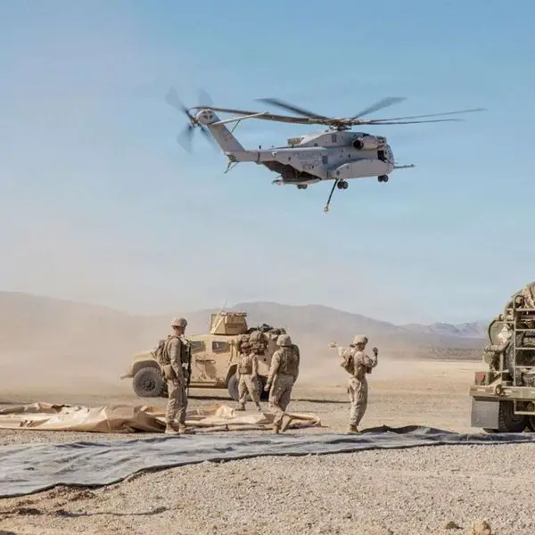 A U.S. Marine Corps CH-53K King Stallion from HMH-461 lifts off at Twentynine Palms during SLTE 1-26 as MWSS-272 establishes a forward arming and refueling point, rehearsing rapid, low-signature sustainment and heavy-lift support in a simulated contested environment (Picture source: U.S. DoW).
