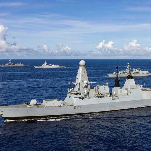 British Royal Navy HMS Dauntless, a Type 45 Daring-class air-defense destroyer, equipped with the Sylver Vertical Launching System (VLS) firing Aster 30 surface-to-air missiles as part of the UK’s principal naval area air defense capability.