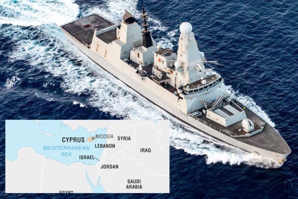 Britain is considering deploying the Royal Navy’s Type 45 destroyer HMS Duncan to waters off Cyprus to strengthen air defenses around RAF Akrotiri after Iranian-linked drones, including a Shahed-type system, breached base defenses and damaged the runway (Picture Source: Royal Navy / Britannica)