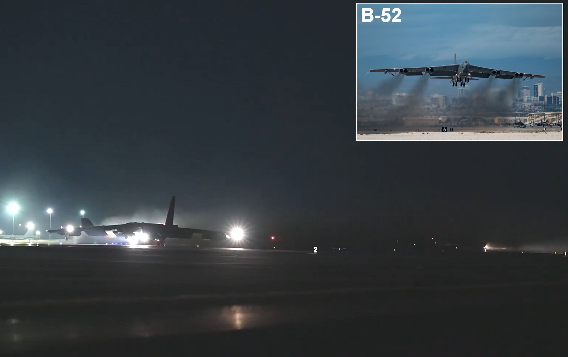 U.S. Air Force B-52H Stratofortress strategic bomber takes off for a long-range strike mission as part of Operation Epic Fury targeting Iranian ballistic missile infrastructure and command-and-control facilities.