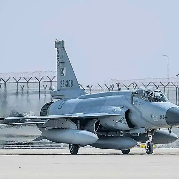 A Pakistan Air Force JF-17 Block III multirole fighter is seen on an Azerbaijani runway equipped with an AESA radar, precision-guided munitions, and in-flight refueling probe during the Indus Shield Alpha exercise (Pakistan Air Force)