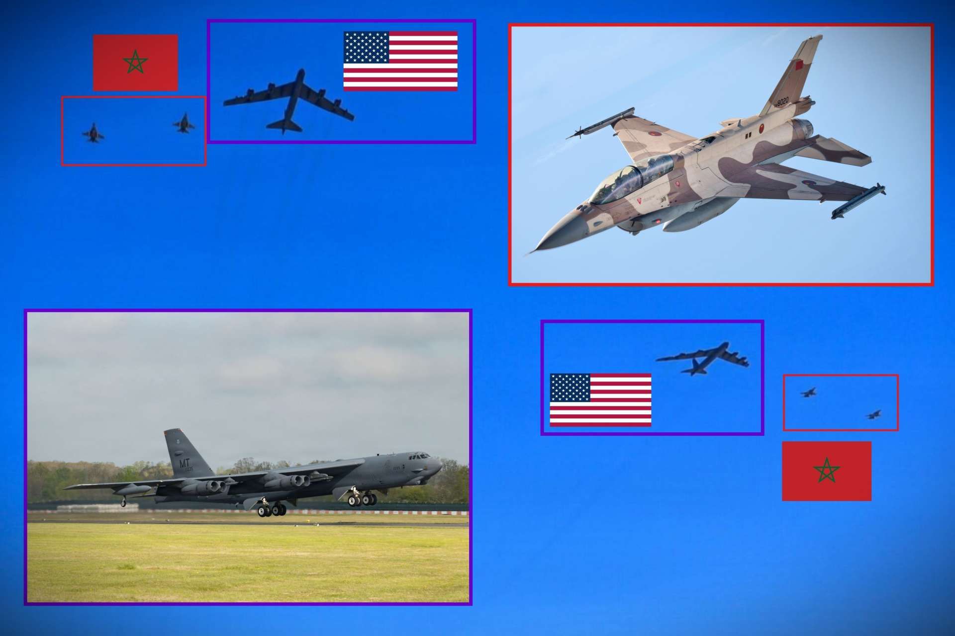 U.S. B-52H Stratofortress bombers and Moroccan F-16 Fighting Falcons flew a joint mission over Morocco during African Lion 26, combining long-range strike capability, tactical fighter integration and new JTAC training to signal growing allied airpower coordination in North Africa (Picture Source: U.S. Department of War)