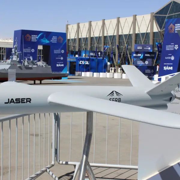 The Jaser loitering munition developed by Serb Advanced Industries is displayed on the Saudi Armed Forces stand at the World Defense Show 2026 (Picture source: Army Recognition)
