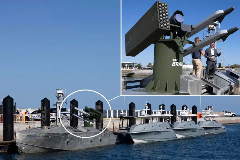Textron’s CUSV unmanned surface vessel equipped with SNC’s BRAWLR launcher during FLEX 2026 in Key West, demonstrating a mobile short-range air-defense capability using 70 mm laser-guided rockets to counter drones and low-flying threats while extending fleet protection without risking crewed ships (Picture source: U.S. DoW).