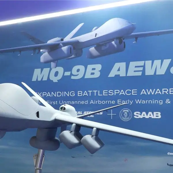 Scale model of the MQ-9B unmanned aircraft system configured for airborne early warning and control, showcased by General Atomics and Saab at BEDEX 2026, highlighting the expansion of UAV roles into battlespace management and networked operations.