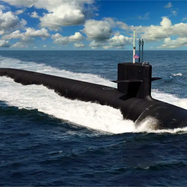 Artist rendering of a U.S. Navy Columbia-class ballistic missile submarine, the next-generation strategic nuclear deterrence submarine designed to replace the Ohio-class fleet and strengthen American undersea dominance in the Indo-Pacific region. The Columbia-class will be the largest and stealthiest submarine ever built by the United States.