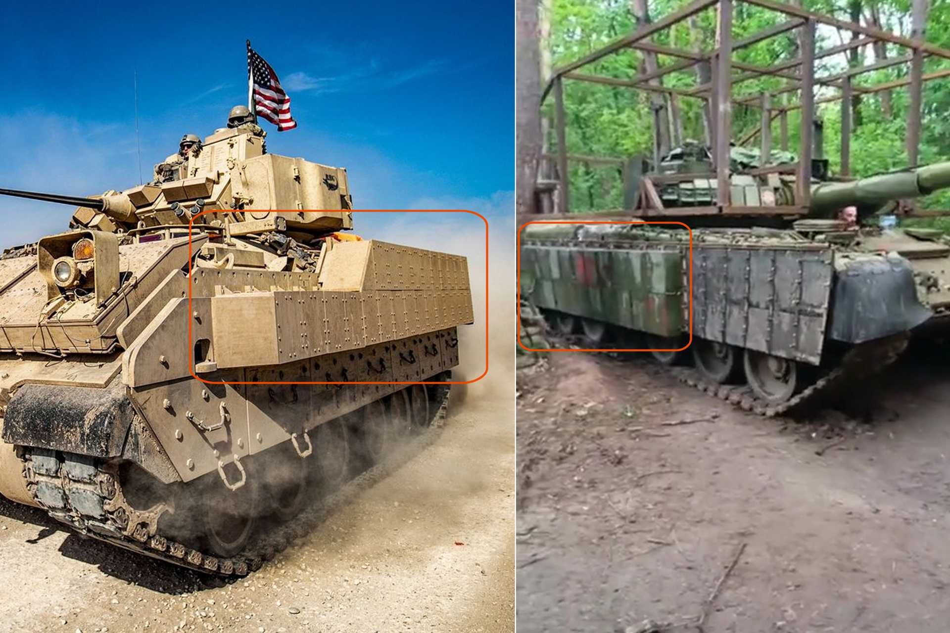 The adaptation of BRAT modules onto the T-80BV required structural modification because the American armor tiles are designed for a completely different mounting pattern than that of the Russian tank’s Kontakt-1 system. (Picture source: US Army and Telegram/Andrei_bt)