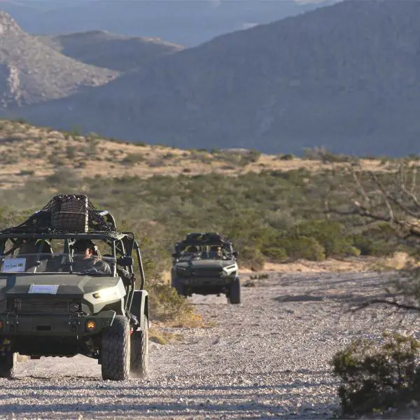 U.S. Marines with Joint Task Force–Southern Border maneuver through off-road terrain during Infantry Squad Vehicle operator training at Fort Bliss, Texas, October 29, 2025.