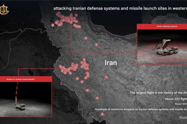 Map released by the Israeli Air Force illustrating Operation Epic Fury, a coordinated strike involving approximately 200 aircraft that targeted more than 500 Iranian missile and air defense sites, marking the largest air combat operation in Israel’s history.