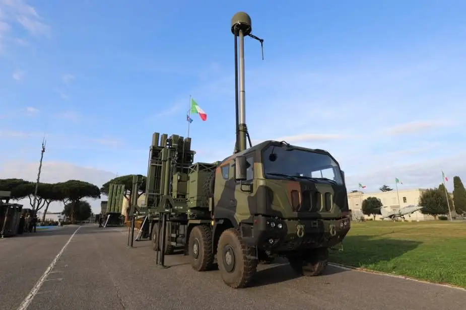 The new GRIFO air defense missile system in service with the Italian Army, featuring CAMM-ER interceptors and vertical launch capability for 360-degree short-range protection against aircraft, drones, and cruise missiles.