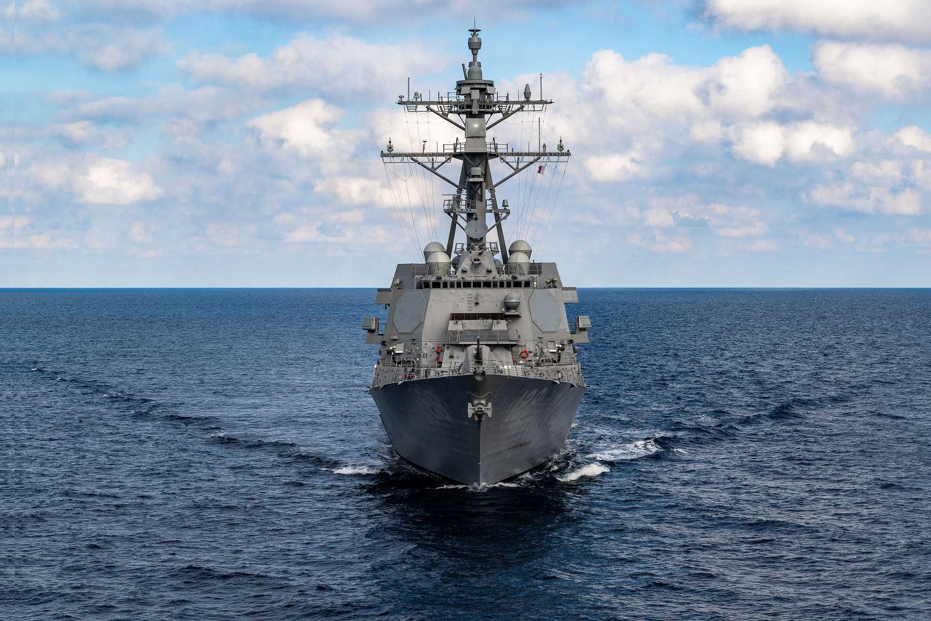 The future USS Ted Stevens (DDG 128), a Flight III Arleigh Burke-class destroyer, underway in the Gulf of Mexico during acceptance trials conducted by Ingalls Shipbuilding and the U.S. Navy, November 2025.