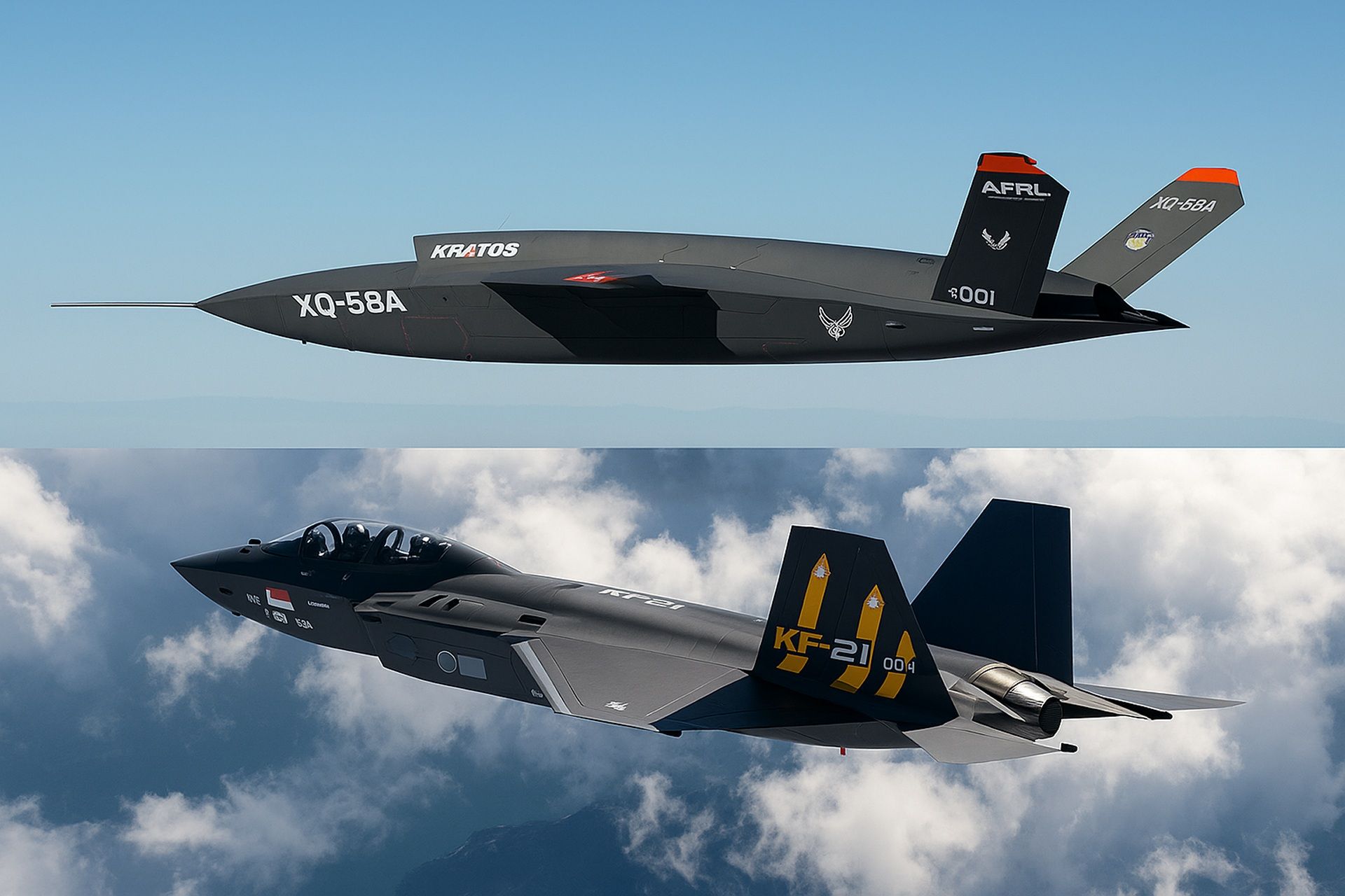 The image shows the South Korean KF-21 Boramae fighter jet flying beneath the American Kratos XQ-58A Valkyrie unmanned combat drone, both showcasing sleek stealth designs and advanced aerodynamics (Picture Source: Kratos and KAI)