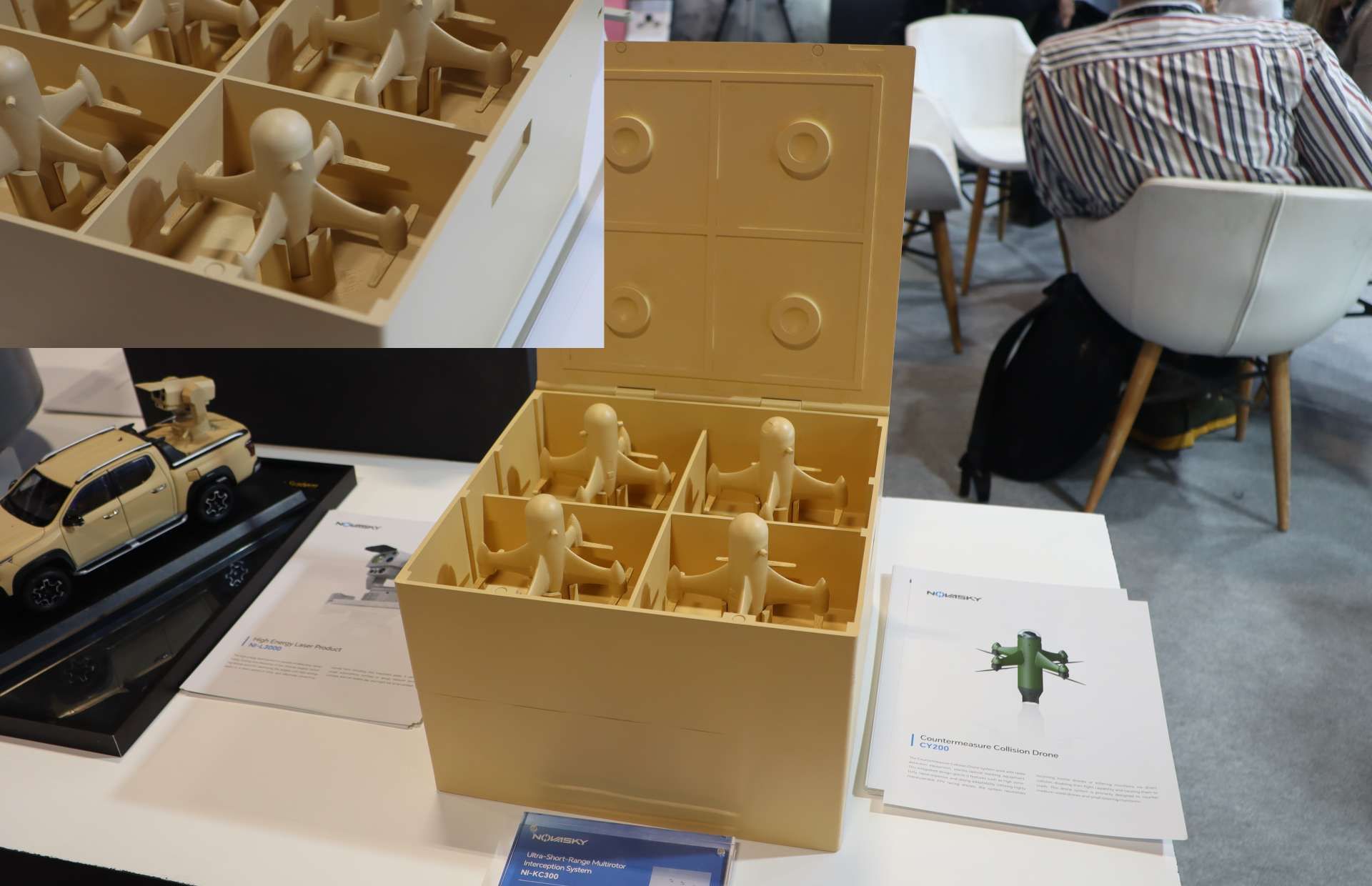 Novasky’s NI-KC300 launcher fields CY200 FPV collision drones, using radar and EO/IR cueing to ram and destroy hostile UAVs at over 300 km/h within a 5 km defense bubble (Picture source: Army Recognition Group).