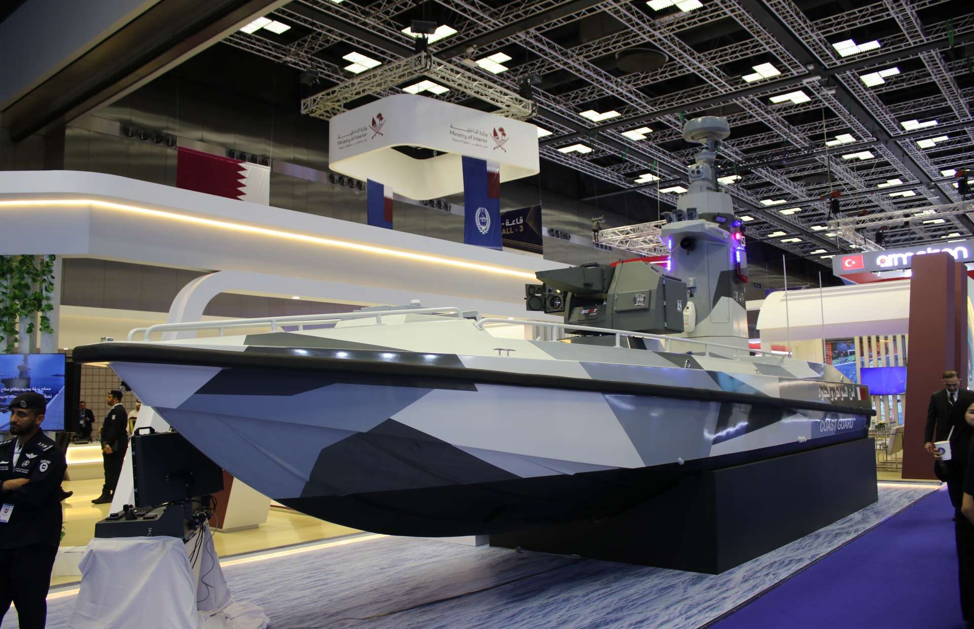 ULAQ armed USV equipped with a stabilized 12.7 mm remote weapon station, combining day-night sensors, precision fire control, and 360-degree coverage to counter fast craft and protect ports and critical maritime infrastructure (Picture source: Army Recognition Group).