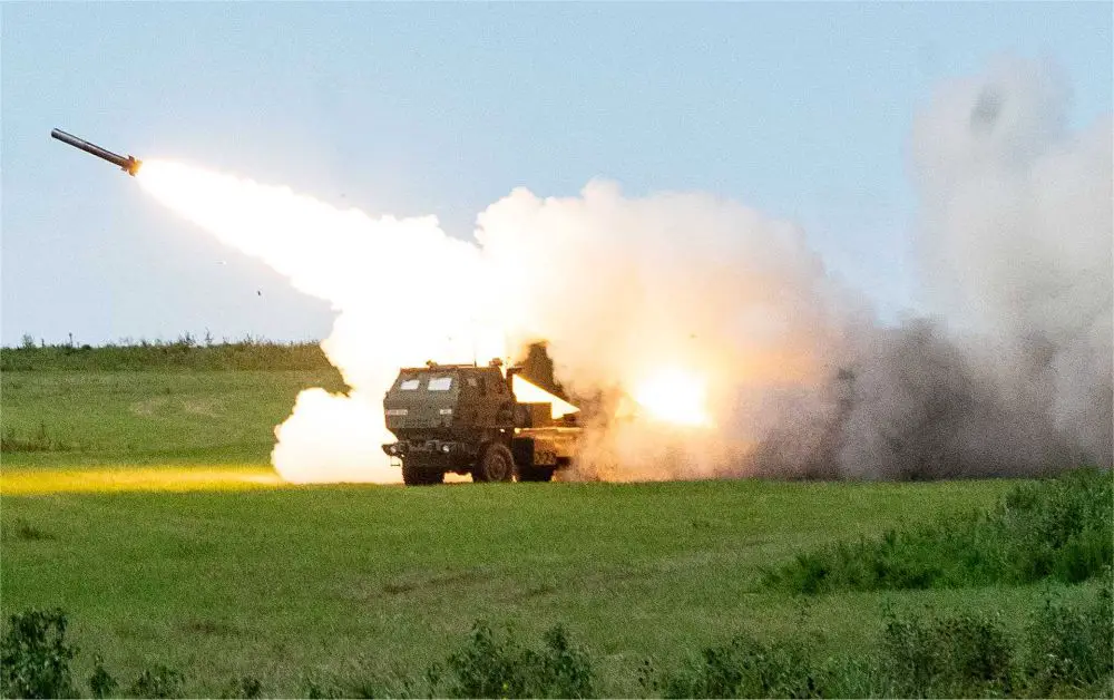 U.S. Army HIMARS launcher executes a precision strike during training, illustrating long-range fire support with GMLRS and future PrSM capability in support of distributed operations in contested environments.
