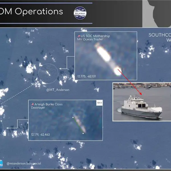 Satellite image shows U.S. special operations support vessel MV Ocean Trader operating alongside an Arleigh Burke-class destroyer northwest of Grenada on November 11, 2025. Imagery sourced via the European Space Agency and first published by defense analyst MT Anderson.