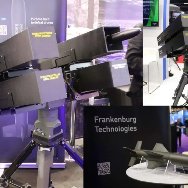 The image is illustrative, showing Frankenburg’s Mark 1 missile and container launcher photographed at DSEI 2025 and MSPO 2025, highlighting the type of low-cost counter-drone capability referenced in the Babcock–Frankenburg cooperation (Picture Source: ARMY RECOGNITION GROUP)