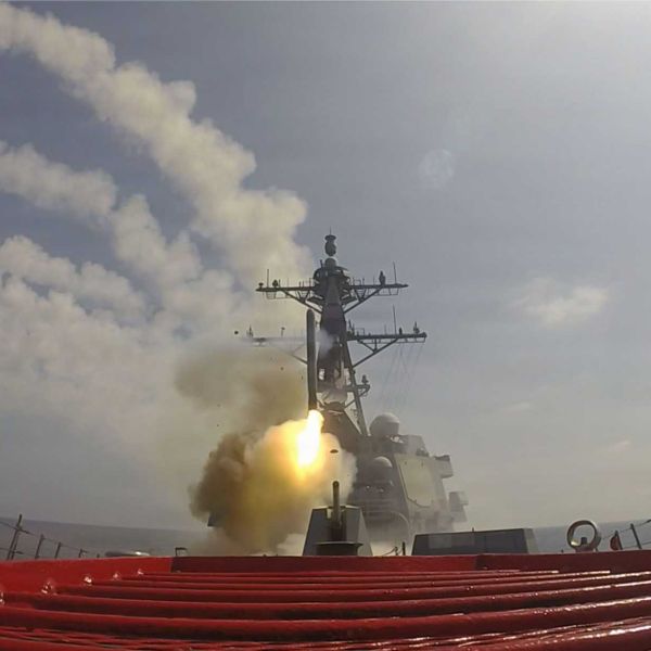 U.S. Navy Arleigh Burke-class guided-missile destroyer USS Frank E. Petersen Jr. (DDG 121) launches a Tomahawk Land Attack Missile during Operation Epic Fury, demonstrating the U.S. Navy’s ability to conduct long-range precision strikes against high-value targets from standoff distances while sustaining distributed maritime firepower.