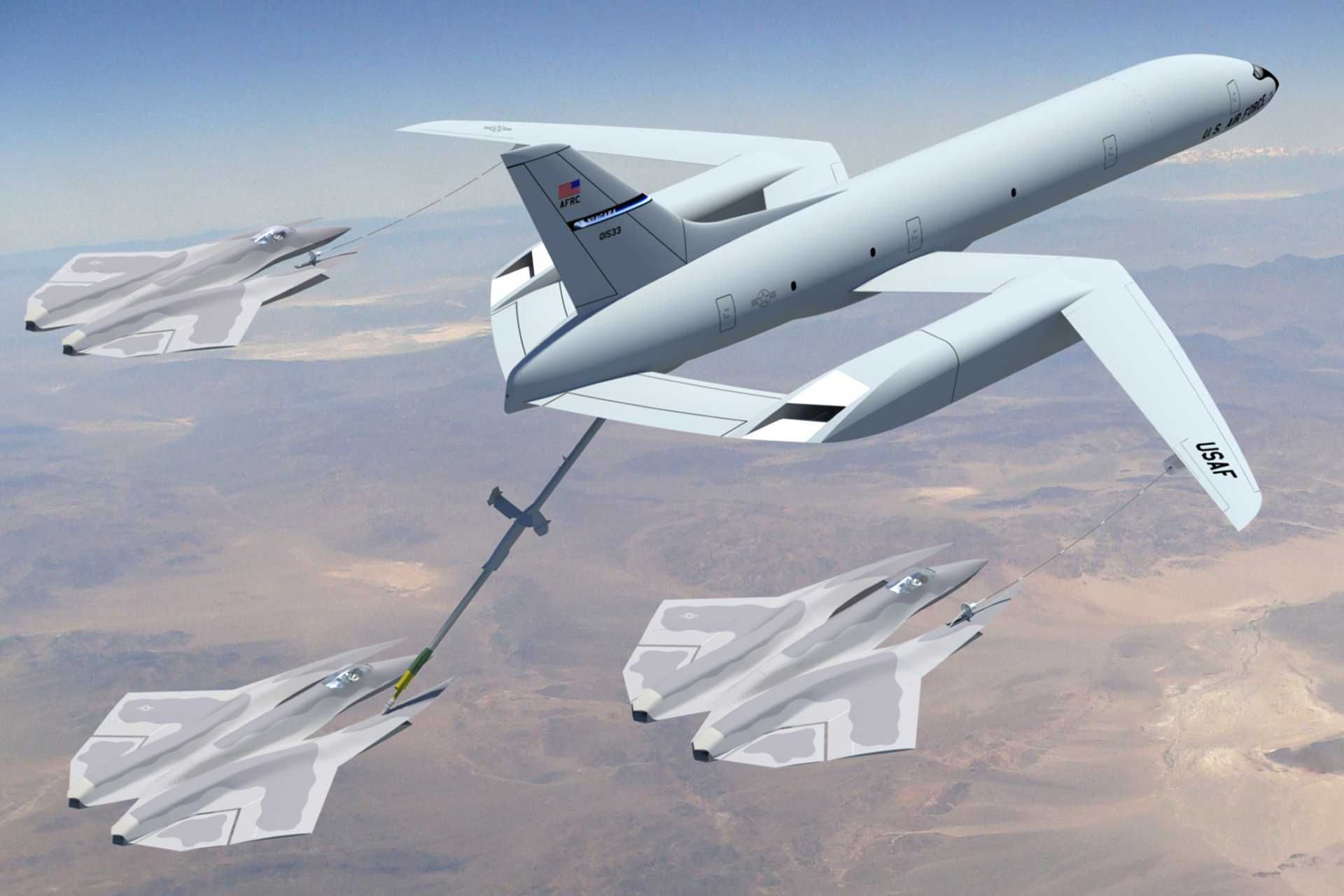 Engineered for a maximum fuel offload capacity of 300,000 pounds, the SM-940K is designed to conduct simultaneous refueling of up to three fighter jets, such as Stavatti's SM-39 Razor, using both flying boom and hose-and-drogue systems. (Picture source: Stavatti Aerospace)