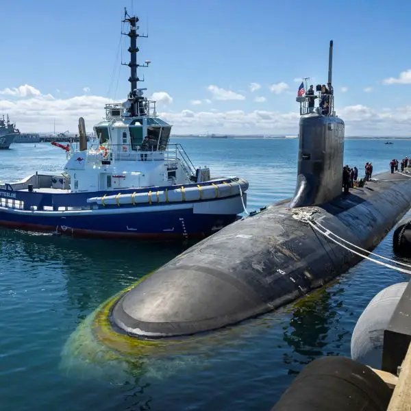 After completing a Submarine Maintenance Period in Western Australia, the United States Navy Virginia class fast attack submarine USS Vermont (SSN 792) prepares to depart HMAS Stirling.