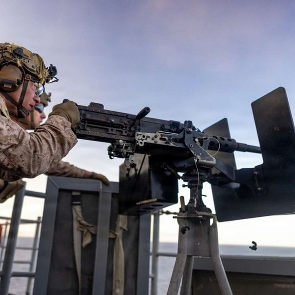 A U.S. Marine from the 11th Marine Expeditionary Unit fires an M2 .50 caliber machine gun during a live-fire integration range aboard USS Comstock, highlighting the enduring importance of close-in weapons for ship self-defense against small boats, drones, and other short-range threats during modern amphibious operations in the Pacific (Picture source: U.S. DoW).