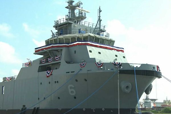 USNS Navajo (T-ATS 6), the lead towing, salvage and rescue ship of its class, is christened on August 26, 2023, while the U.S. Navy continues the expansion of this new generation of auxiliary vessels with the christening of follow-on ships such as USNS Solomon Atkinson (T-ATS 12), strengthening fleet towing, salvage, and recovery capabilities.